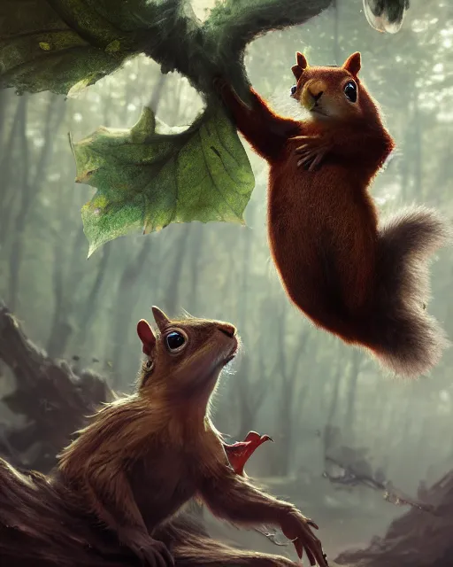 Prompt: oil painting of Anthropomorphized Squirrel attacking a monster, wearing leaf cloak,, sharp focus, fantasy style, octane render, volumetric lighting, 8k high definition, by greg rutkowski, highly detailed, trending on art Station, magic the gathering artwork, magical forest backround, centered