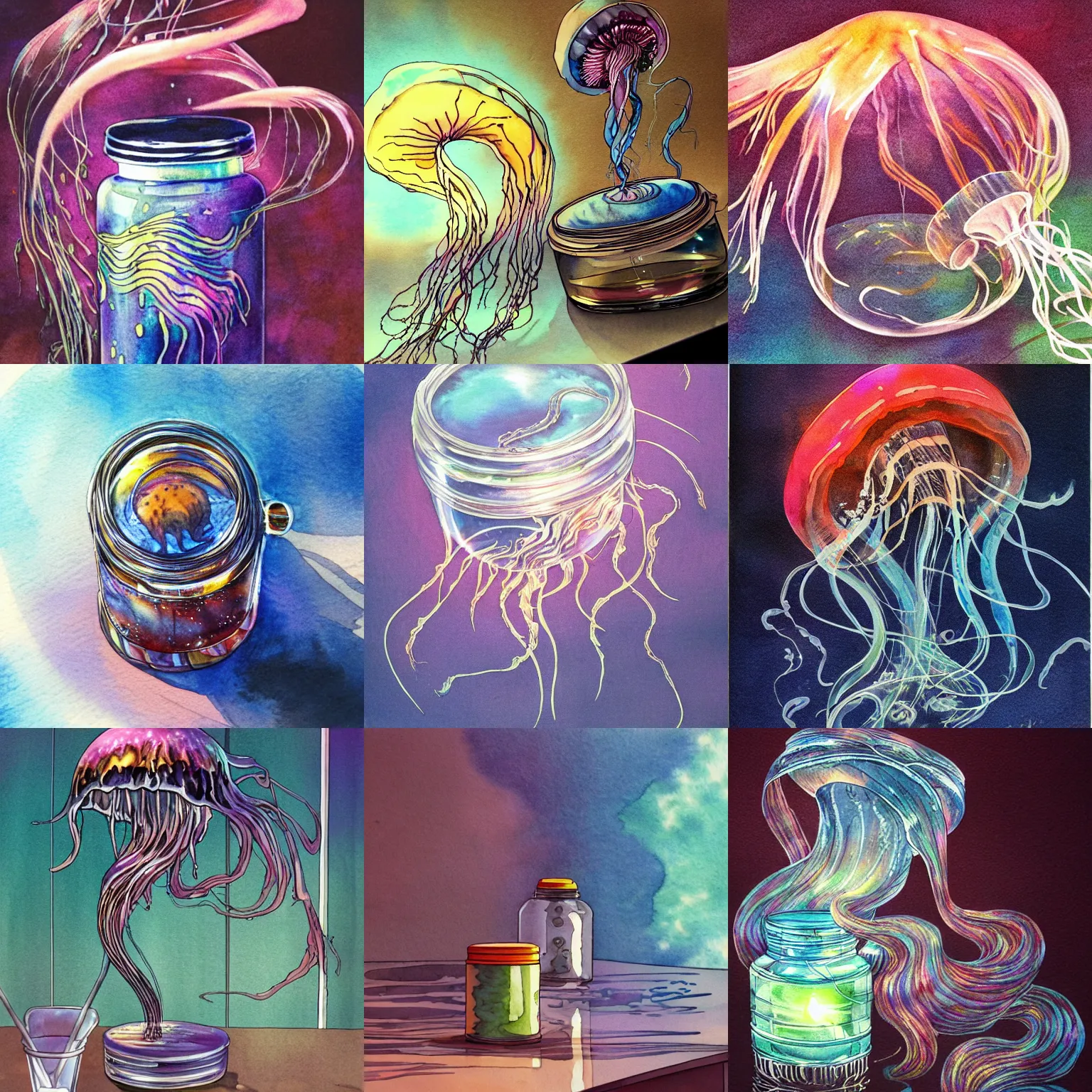 Prompt: airbrush of sealed jar of swirling ink shimmering on a desk near glowing jellyfish, dramatic afternoon lighting, intense watercolor, heavy metal, by moebius
