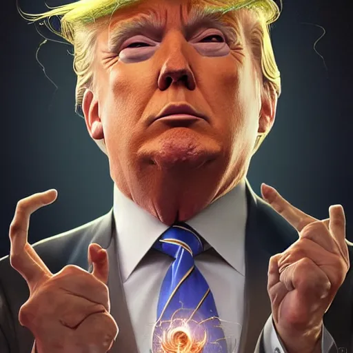 Image similar to Three quarters portrait of Donald Trump as a Wizard casting a spell, highly detailed, digital painting, art by Stanley Lau and Artgerm and magali villeneuve and Alphonse Mucha, artstation, octane render, cgsociety