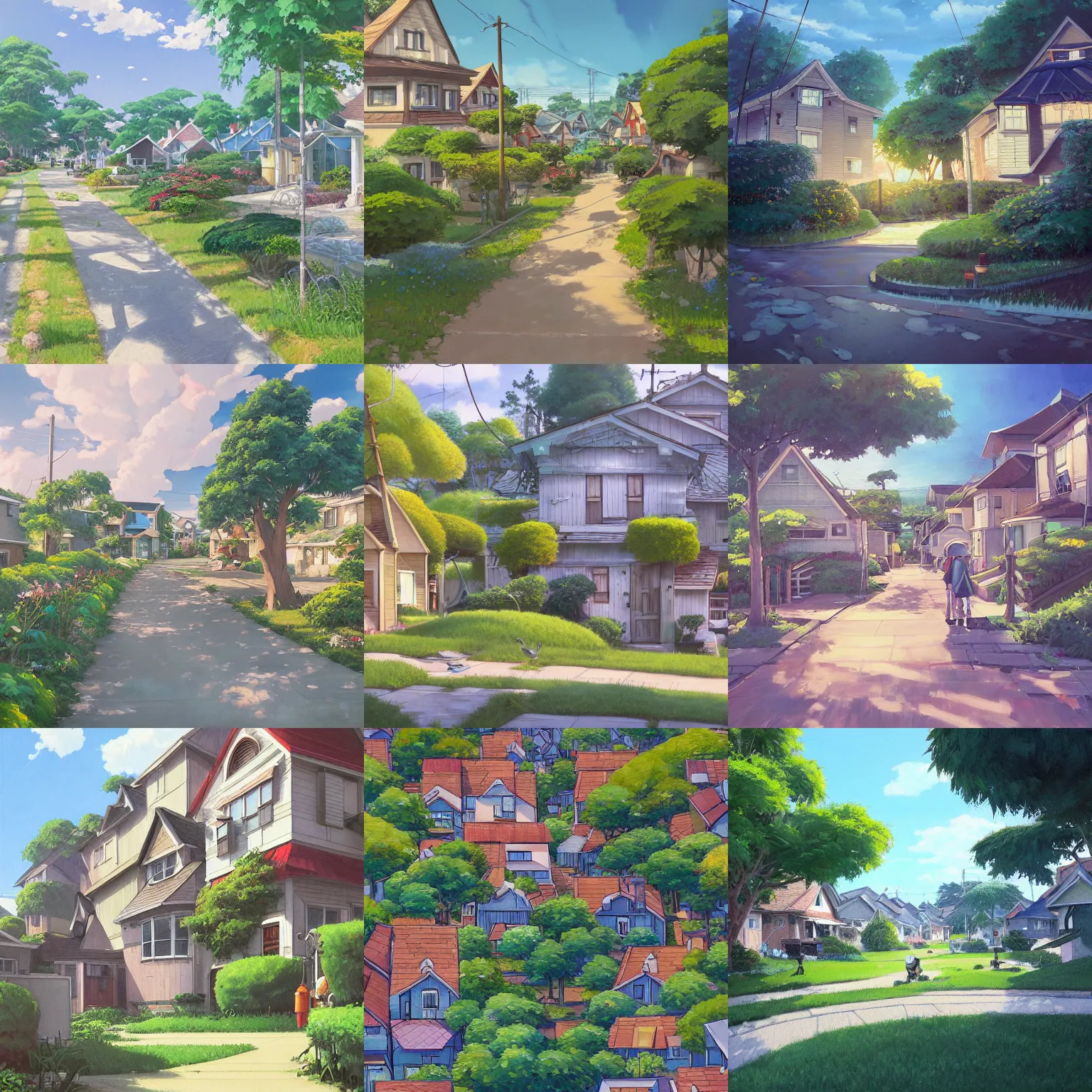 Prompt: a beautiful oil painting of a closeup groundup perspective of a culdesac of modern houses, epic composition, rule of thirds, dof, by studio ghibli and rossdraws