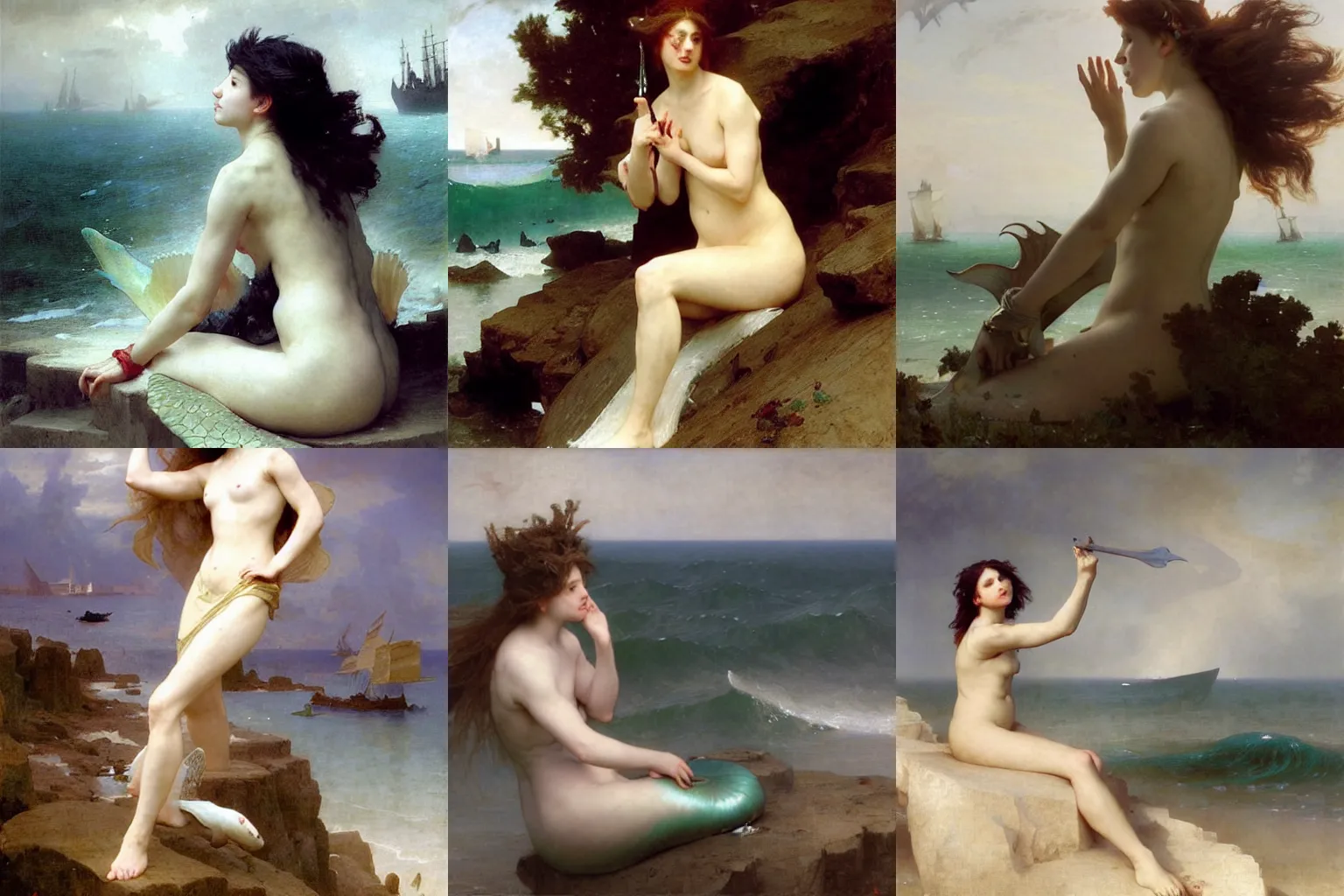 Prompt: a mermaid siren princess calling out towards sailors on a distant ship. Masterpiece. By Ruan Jia. By Bouguereau.