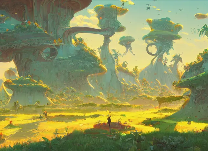 Image similar to concept art of a landscape made of bananas, cel shaded, in the style of makoto shinkai and moebius and peter mohrbacher and anton fadeev