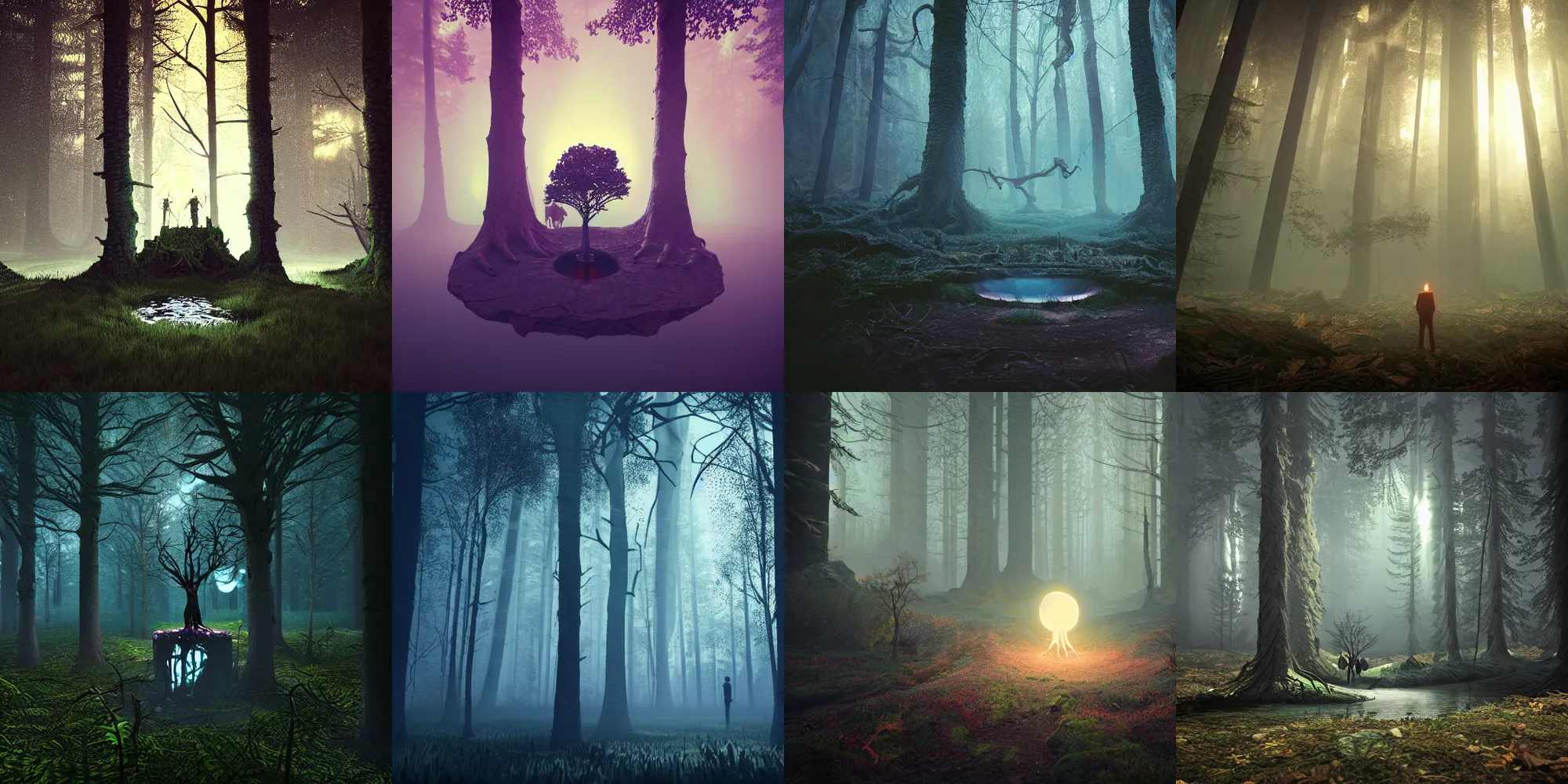 Image similar to beautiful dark forest landscape, creepy hands reaching out of a creepy glowing well, in the style of beeple and Mike Winkelmann, photo real, ultra realistic, intricate, epic lighting, 8k resolution, unreal engine 5, ultraviolet colors,