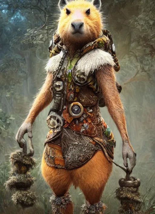 Image similar to detailed full body concept art illustration soft focus oil painting on canvas of an anthropomorphic capybara druid in full intricate clothing, biomutant, dystopian, micro detail, octane render, 4K