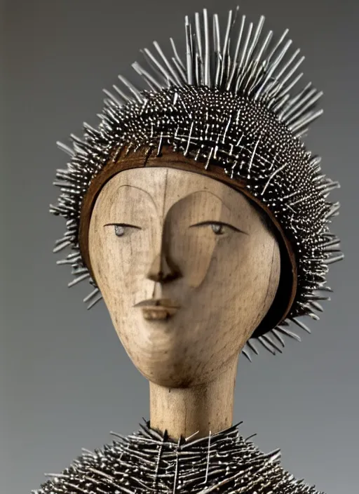 Image similar to realistic photo of a a medieval wooden girl doll sculpture dressed white spherical hat helmet, covered in spikes pattern, black brushwood, greyscale grain 1 9 6 0, life magazine photo, natural colors, metropolitan museum, kodak