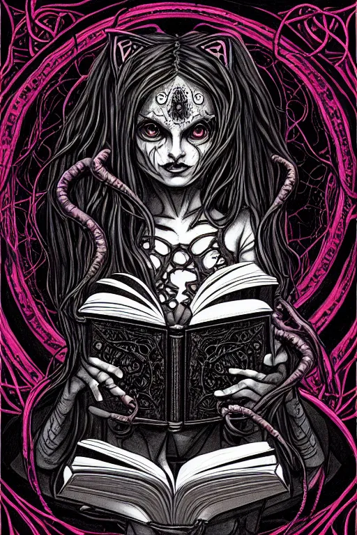 Image similar to ai illustration of demoness, her cat and her book of necronomicon, symmetrical, cinematic, sharp focus, 4 k, ultra hd, sense of awe, sinister demonic atmosphere, dreadful, forbidden knowledge, old gods, cthulhu, yog - sothoth! yah, yah, yah! cultist journal cover