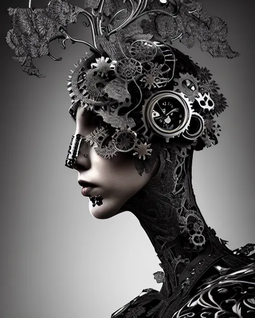 Image similar to monochrome profile portrait painting, silver lace floral steampunk biomechanical beautiful young female cyborg with techno eye, volumetric light, leaves foliage and stems, hibiscus flowers, sinuous fine roots, fine foliage lace, alexander mcqueen, rim light, big gothic fashion pearl embroidered collar, octane render, dutch masters, 8 k