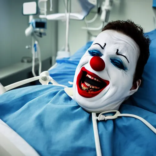 Prompt: confused laughing clown lying in hospital bed with wrist restraints on, restraint fabric straps attached to hospital bed, photograph, 8 k