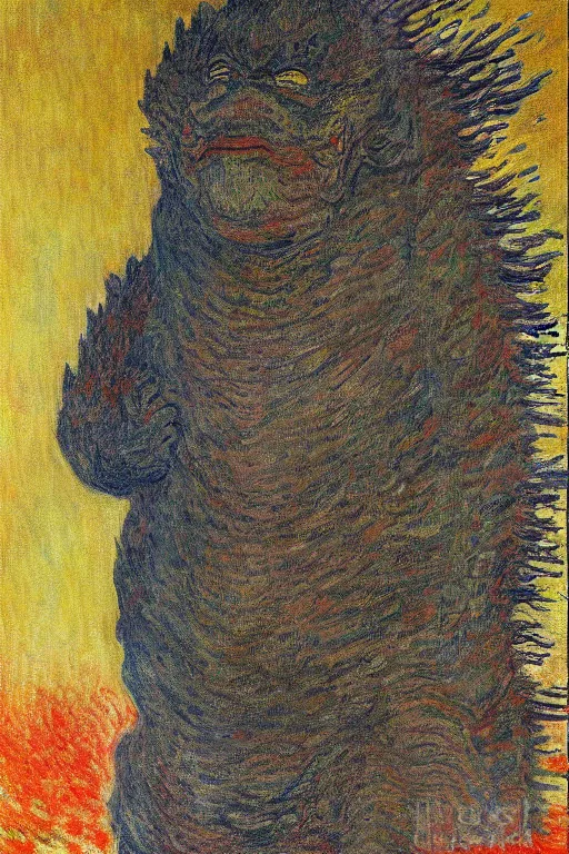 Prompt: shinzo abe face on Godzilla painting by claude monet