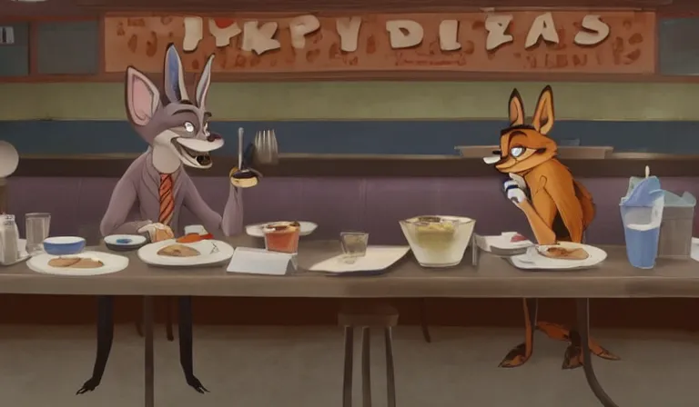 Image similar to Nick is eating dinner in tears in a desolate diner. The diner is dimly lit and very dirty. The food is poor due to the recession. Zootopia, Pixar Digital Movies