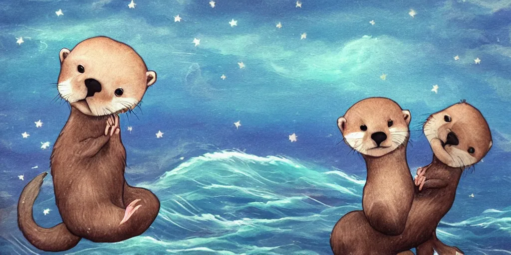 Image similar to my little everything, magical cuteness, fantasy otter love, otters holding hands in the stormy sea