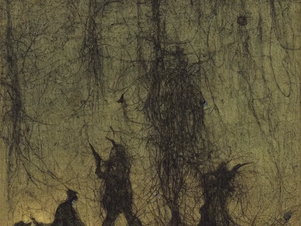 Prompt: the phosphorescent bug man haunting the caterpillars city by john bauer