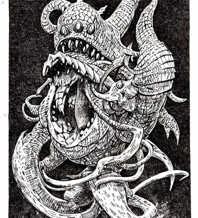 Image similar to a nintendo octorok as a d & d monster, pen - and - ink illustration, etching, by russ nicholson, david a trampier, larry elmore, 1 9 8 1, hq scan, intricate details, high contrast, no background