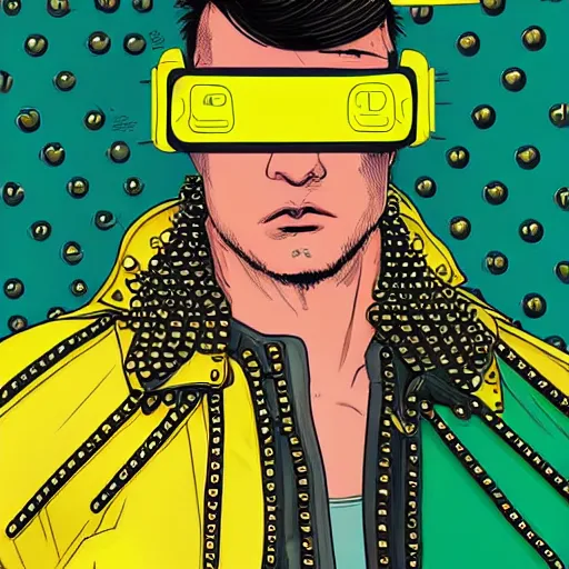 Prompt: cyperpunk samurai, wearing leather jacket covered in studs, vr goggles, subway, green and yellow palette, sci - fi, vibrant colorful, comics, by josan gonzales