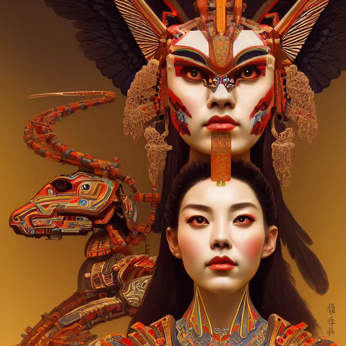 Image similar to symmetry! portrait of a sphinx, face decorated with chinese opera motifs, leds horizon zero dawn machine, intricate, elegant, highly detailed, digital painting, artstation, concept art, smooth, sharp focus, illustration, art by artgerm and greg rutkowski and alphonse mucha, 8 k