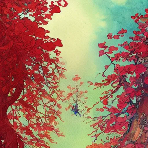 Image similar to a beautiful and inspiring intricate watercolor illustration artwork red robin trees, 4 k, ultra - wide angle, by william turner, by victo ngai, by alphonse mucha, by miho hirano, hd, trending on artstation, hyper detailed, muted colors, inspiring, beautiful, energetic