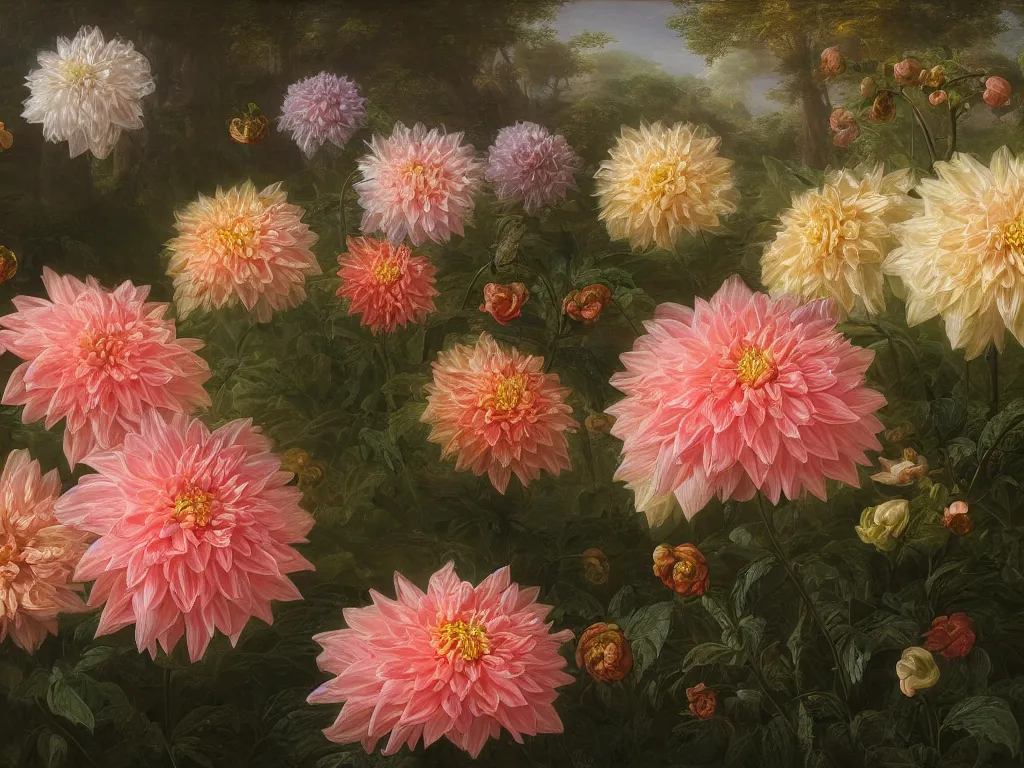 Prompt: Opalescent dahlia garden by Rachel Ruysch and Thomas Cole, 4k, 1978, sunlight study