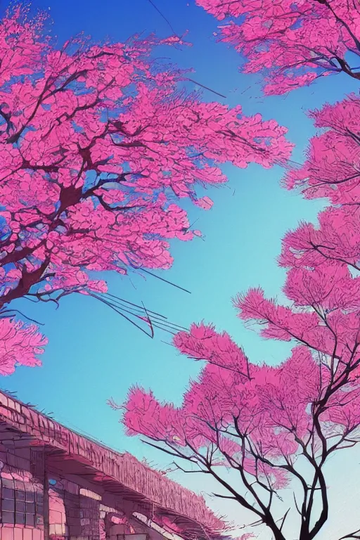 Image similar to concept art painting of a lush cherry blossom tree in winter, moebius, inio asano, toon shading, cel shading, calm, tranquil, vaporwave colors,