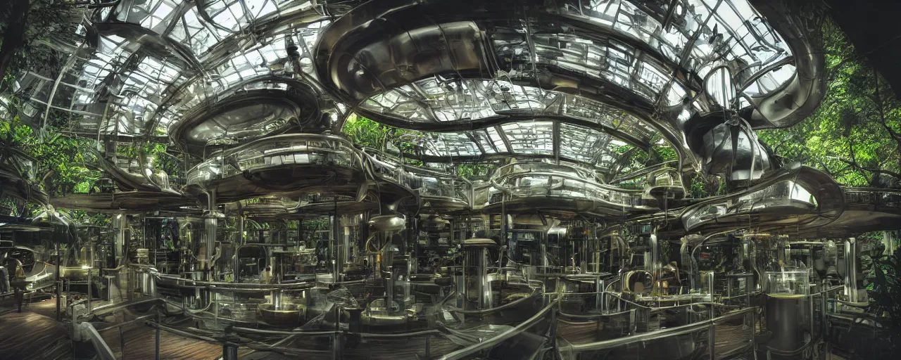 Prompt: a futuristic steampunk science laboratory, built in the middle of a lush tropical rainforest, cinematic back lit lighting, realistic, detailed, canon 20mm,