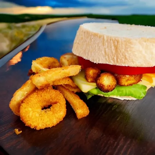 Image similar to sandwich with fried tofu, one tomato slice, one onion ring, avocado and melted cheddar, over a dish and over a table, with a sunset and rainbow in the background with saturn and stars in the sky