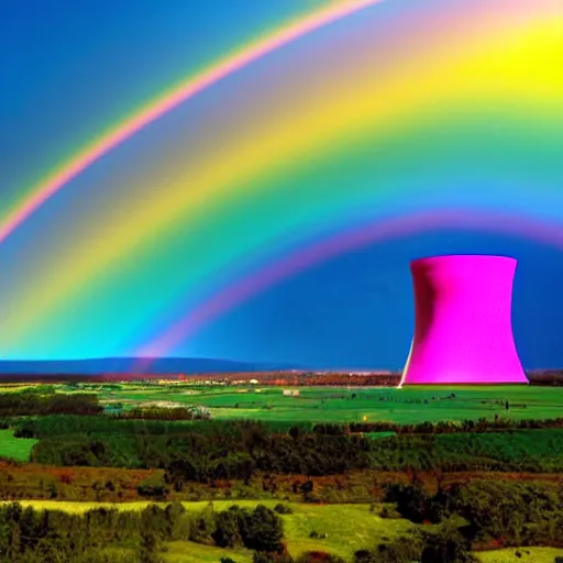 Prompt: A Masterpiece Landscape of a broken down nuclear power station, Nuclear blast imminent, nuclear reactor going critical. Rainbow Color Scheme