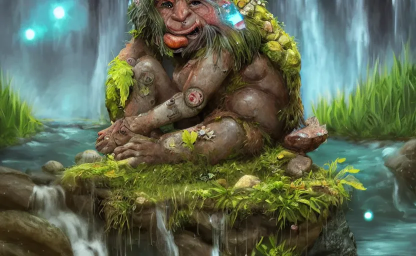 Prompt: a worn down troll made of stone with vegetation all over it relaxing in a stream of river next to a waterfall, a cute small robot on his shoulder sleeping, concept art, detailed, artstation, colourful lightning, sparkly water, peaceful, 4 k