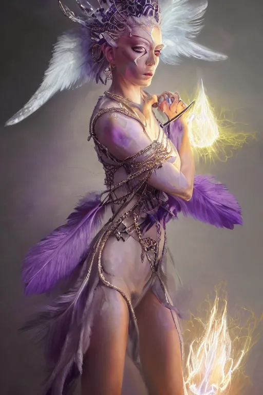 Image similar to beautiful model wearing crystal white feather, sorcerer in purple ornate,, diamonds, angel, fantasy, dramatic lighting, highly detailed, digital painting, holding electricity, magic the gathering, hyper detailed, 3 d render, hyper realistic detailed portrait, peter mohrbacher, wlop, ruan jia