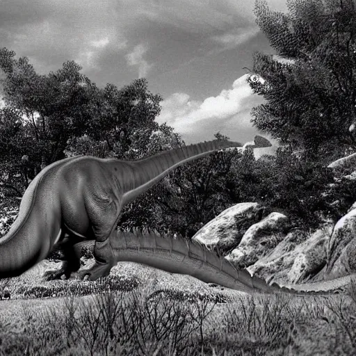 Prompt: dinosaur landscape taken with time machine camera