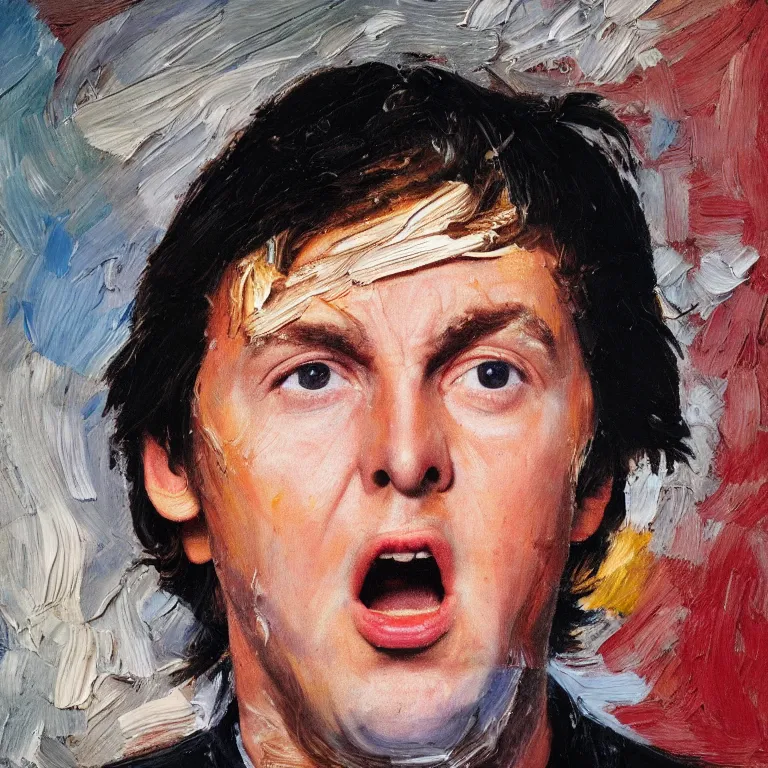 Image similar to warmly lit close up studio portrait of young furiously angry! Paul McCartney in 1965 singing, impasto oil painting thick brushstrokes by Lucian Freud and Cy Twombly and Tim Hawkinson , trending on artstation dramatic lighting Expressionism