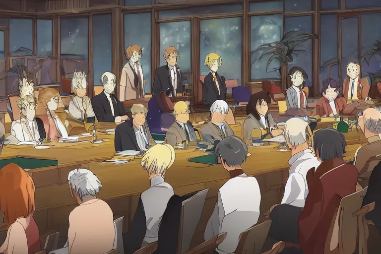 Image similar to cell shaded anime key visual of a fantasy federation council meeting with important local rulers in the style of studio ghibli, moebius, makoto shinkai, dramatic lighting