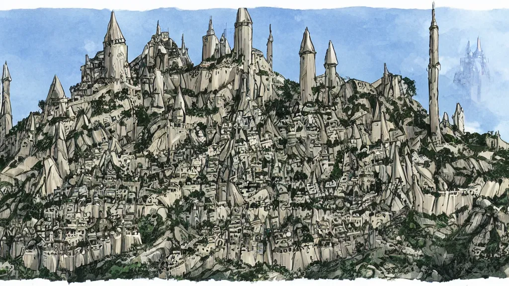 Prompt: a genndy tartakovsky illustration of minas tirith from lord of the rings