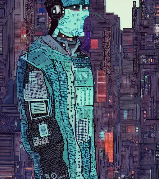 Image similar to a cyberpunk man with a glitching patchwork face of various people, techwear, Industrial Scifi, detailed illustration, character portrait, by Martin Grip and Moebius