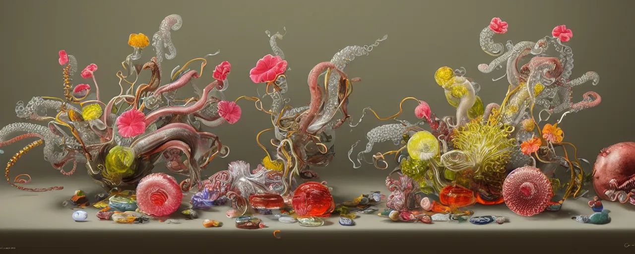 Prompt: ultradetailed photorealistic still life with jelly flowers by ernst haeckel, jan brueghel, james jean and björk, slime and tentacles, wide angle, minimalistic cinematic composition, octane render, bokeh, unreal engine, 4k, 3d render