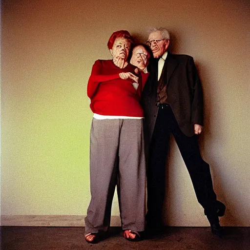 Image similar to a medium shot, colored studio photographic portrait of a old couple, dramatic, from below light, kodachrome camera, kodachrome, 1 9 9 9 photo from life magazine, editorial fashion photography