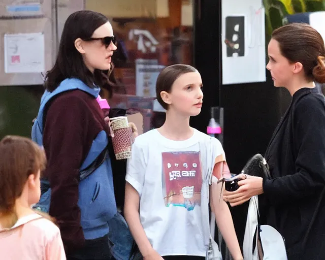 Prompt: winona ryder at age 12 meeting millie bobby brown for coffee, candid shot, TMZ, by cameldeath