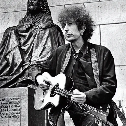 Prompt: bob dylan playing his guitar whilst sitting next to a statue of king alfred the great, photograph