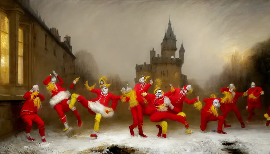 Image similar to highly detailed painting of a group of ronald mcdonalds with red afros, white facepaint, red noses and yellow tracksuits dancing outside a pink snowy scottish castle by william turner, by greg rutkowski, by william constable, thick brush strokes and visible paint layers, 4 k resolution