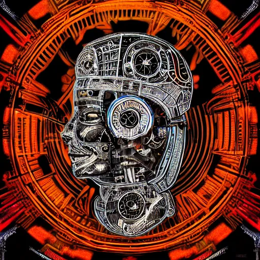 Prompt: hyperdetailed portrait of a psychedelic steampunk robot head, 8 k, symetrical, halluzinogenic, meditative, black background