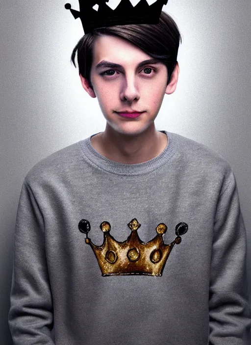 Image similar to portrait of teenage jughead jones wearing a light grey crown, photorealistic, crown, eyes closed, crown, black hair, sweater with letter s on it, letter s, intricate, elegant, glowing lights, highly detailed, digital painting, artstation, concept art, smooth, sharp focus, illustration, art by wlop, mars ravelo and greg rutkowski