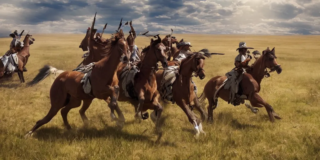 Prompt: promotional movie still of an action shot from the battle of little bighorn, majestic horses, desperate action, dramatic natural light, hdr, cinematic, extremely high detail, photorealistic, cinematic lighting, 4 k, 8 k, imax 7 0 mm, iso 4 0 0, hq