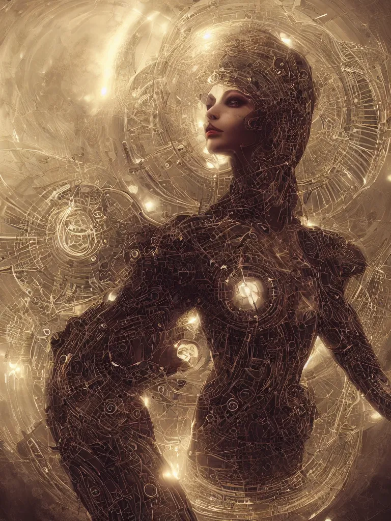 Prompt: a photo of a robotic woman covered in modular synthesizer parts surrounded by sacred geometry made from elven architecture, full body, perfect face, powerful, cinematic, beautifully lit, by artgerm, by karol bak, 3 d, octane render, 8 k