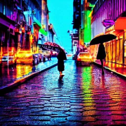 Image similar to small street full of neon light banners, multi colored pebbles on the road, a man with a black umbrella walks towards a young lady robot, rainy day, stylographic drawing style, kurekolor