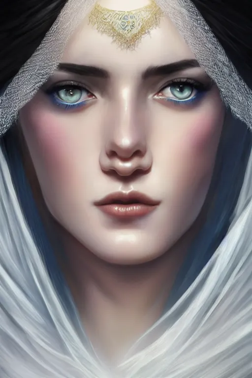 Prompt: Ameera al-Taweel, blue eyes, long wavy black hair, white veil, closeup, focus face, elegant, highly detailed, centered, digital painting, artstation, concept art by tom bagshaw