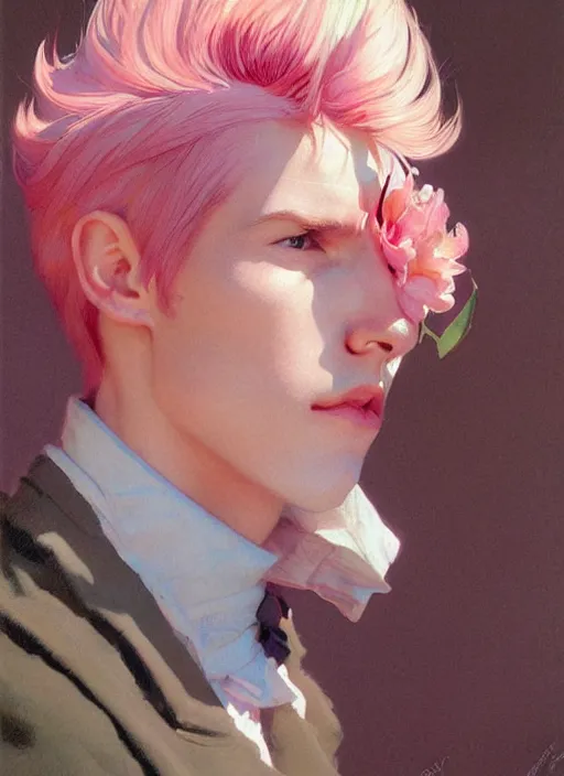 Prompt: androgynous cute pink haired male, muted colors, colorful flowers, sunlight filtering through skin, j. c leyendecker, by alan lee, wlop! illustrated by starember, fantasy art by craig mullins cfg _ scale 9