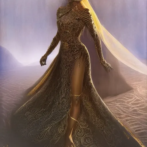 Image similar to a full body beautiful woman wearing a niqab made of silk with golden jewelry and diamonds by alex gray and android jones, karol bak, ayami kojima, arabian, concept art, fantasy