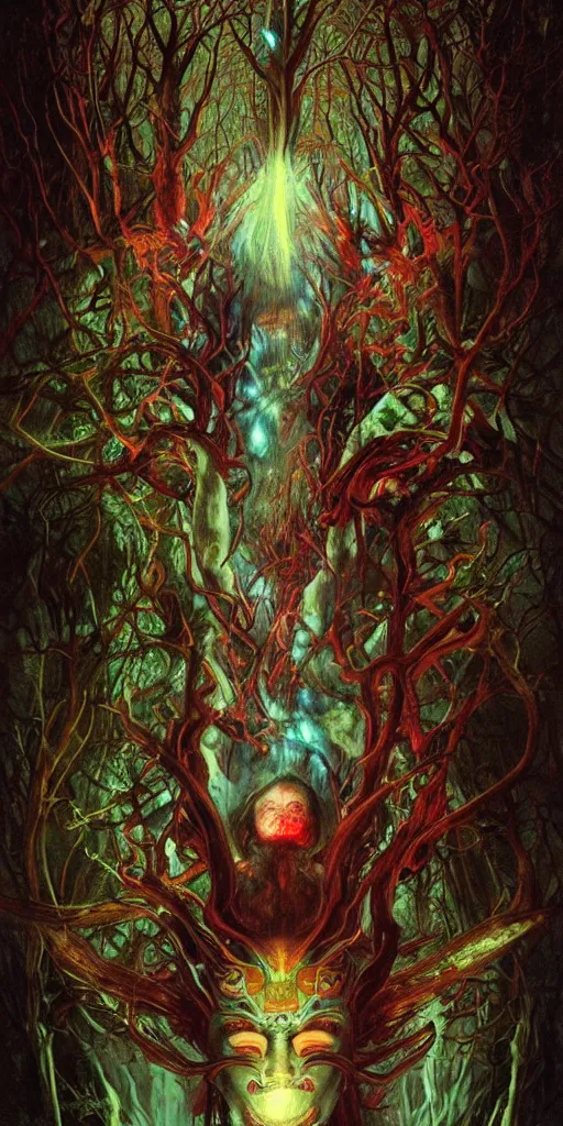 Image similar to intense snarling screaming glowing pagan god with ram horns and veins and intense glowing eyes in very dark forest by karol bak and beksinski and alphonse mucha, portrait, fantasy, clear, light beams, lens flare, intense, uhd, red and teal and shining polished gold, amazing depth, cinematic lighting