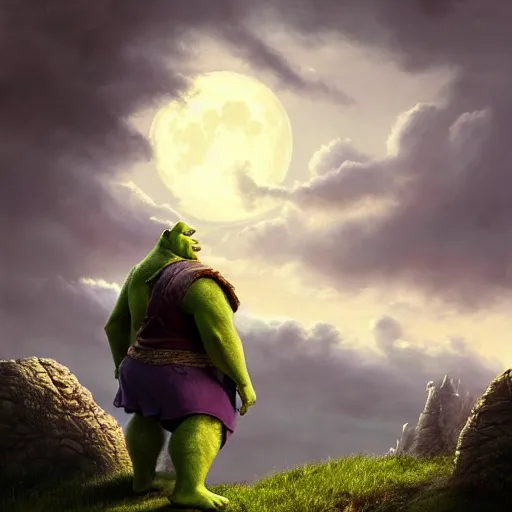 Image similar to shrek as a fantasy style hero, dramatic light, castle background, clouds, moon, storm, night, high detail, fantasy background, painted by stanley lau, painted by greg rutkowski, painted by stanley artgerm, digital art, trending on artstation