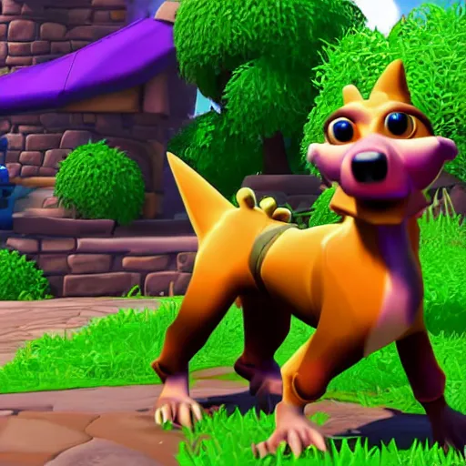 Image similar to screenshot of a cute anthropomorphic dog as an npc in spyro the dragon video game, with playstation 1 graphics, activision blizzard, upscaled to high resolution