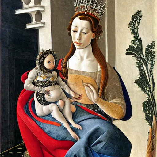 Image similar to portrait of an italian greyhound as an italian queen, holding a small person in her lap, painting by sandro botticelli