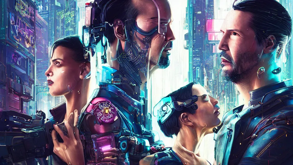 Prompt: a cyberpunk 2077 srcreenshot couple portrait of Keanu Reeves and a female android final kiss in night city,love,film lighting,by Lawrence Alma-Tadema,Andrei Riabovitchev,Laurie Greasley,Dan Mumford,John Wick,Speed,Replicas,artstation,deviantart,FAN ART,full of color,Digital painting,face enhance,highly detailed,8K,octane,golden ratio,cinematic lighting